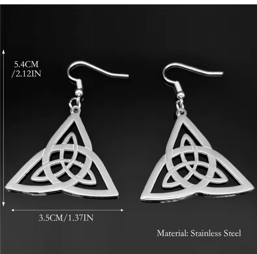 Silver Stainless Steel Celtic Double Trinity Long Drop Hook Earrings (1 pair)