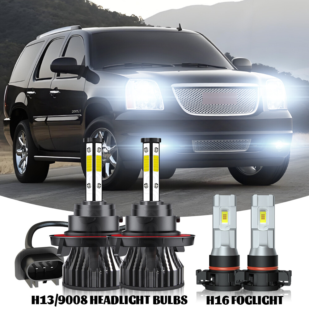 4pc LED Headlight High/Low Beam + Fog Light Bulbs for GMC Yukon Denali 2007-2013