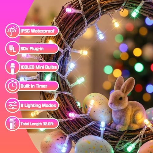 100 LED Easter Mini Lights - 33Ft Pastel Colored Connect String Light Plug in