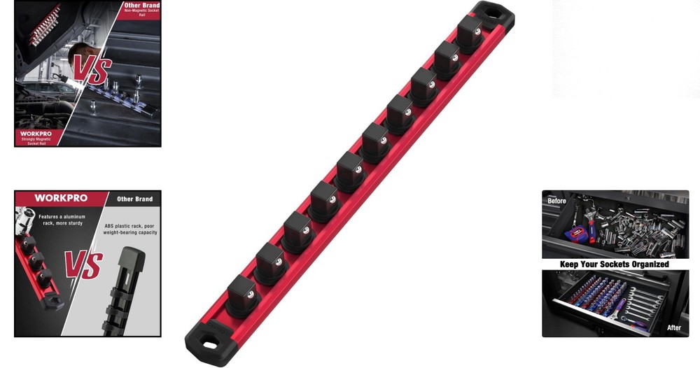 Compact Red Magnetic Socket Organizer - 3/8-Inch Drive with Rotatable Clips