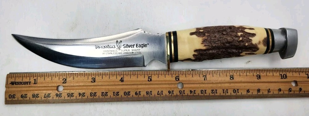 Vtg 10325 Precise Silver Eagle Handmade Fixed Blade Stag Handle Knife w/Sheath