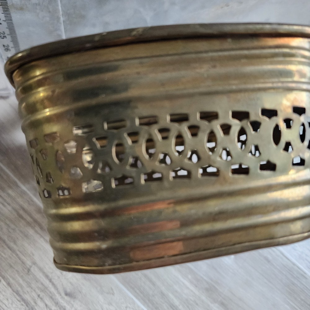 5" X 5" X 3" Pierced Solid Brass Basket Adjustable Hinged Handle Made In India