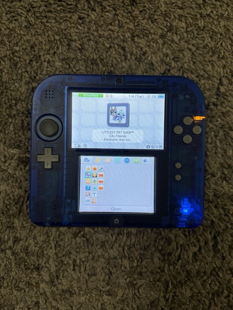 Nintendo 2DS Translucent/Crystal Blue Handheld Console,With Charger Tested)