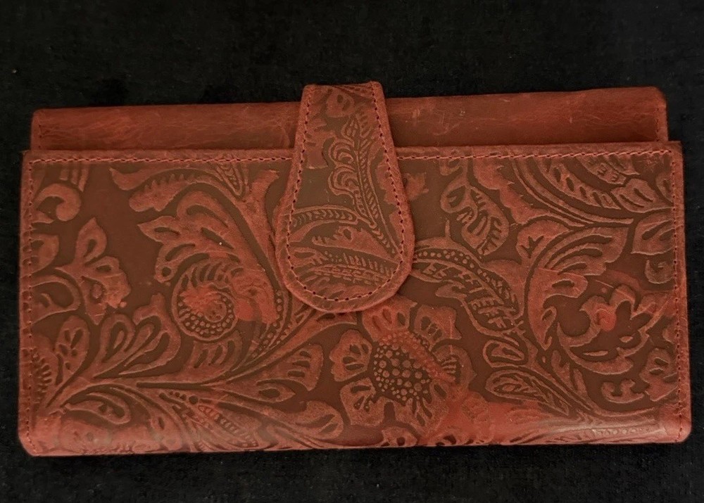 Red Floral Embossed Leather Wallet with RFID Blocking