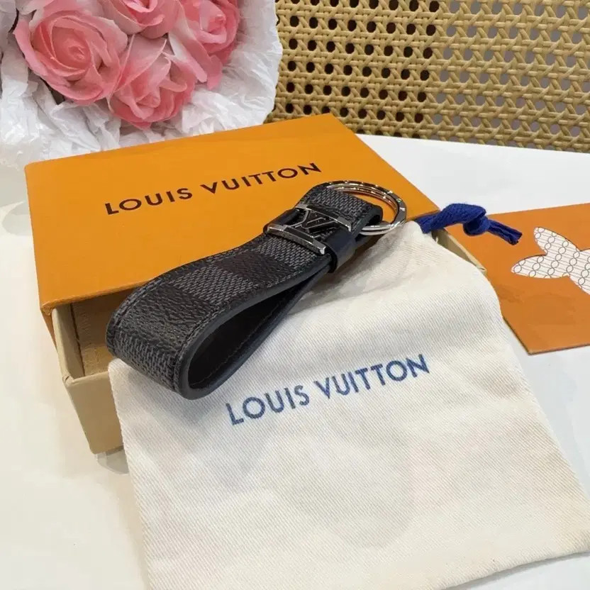 Louis Vuitton Black Leather Keyring with Silver Logo Official