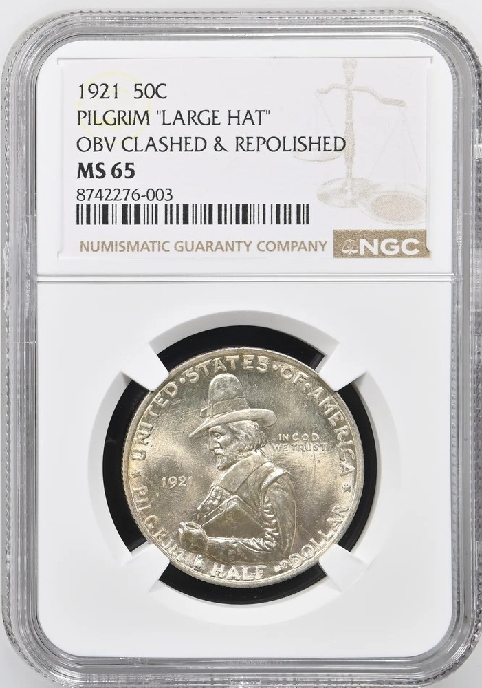 1921 Pilgrim NGC MS-65 "LARGE HAT" OBV CLASHED & REPOLISHED