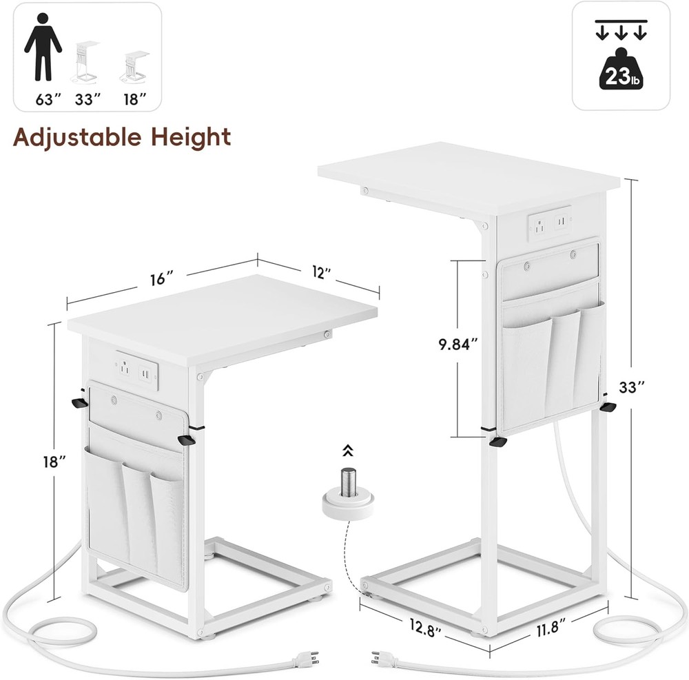 End Table W/ Charging Station Adjustable Height Side Table Couch Small C Shaped