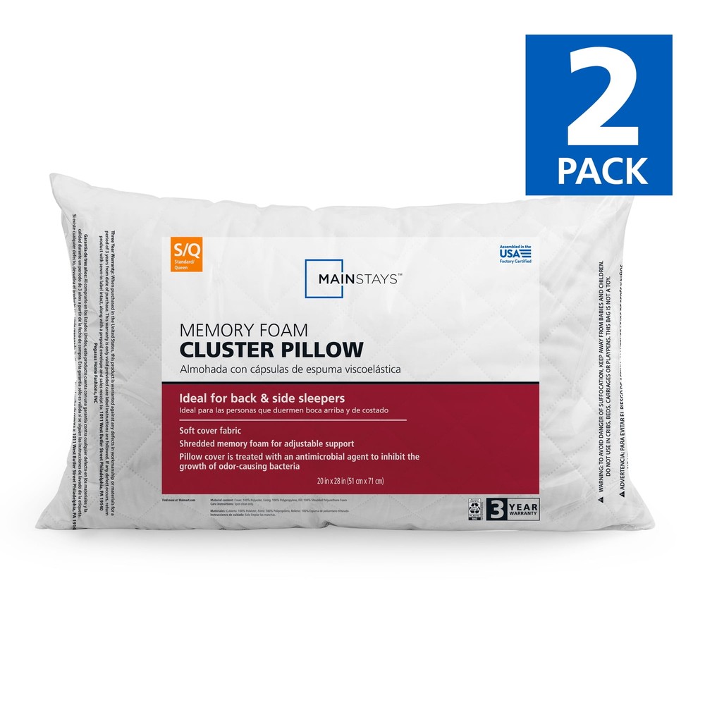 Memory Foam Cluster Bed Pillow, Standard Queen, 2 Pack