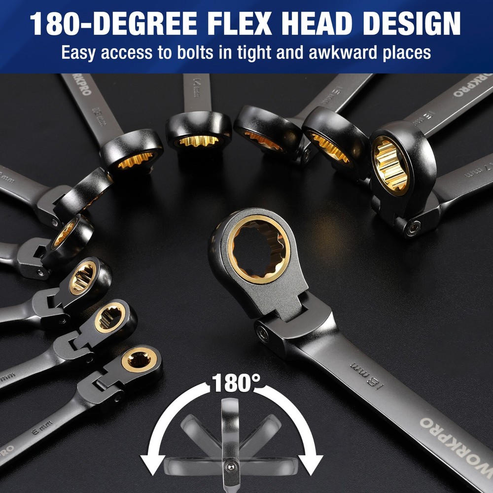 WORKPRO 22PC Regular/Flex-Head Ratcheting Combination Wrench Set w/Organizer Box