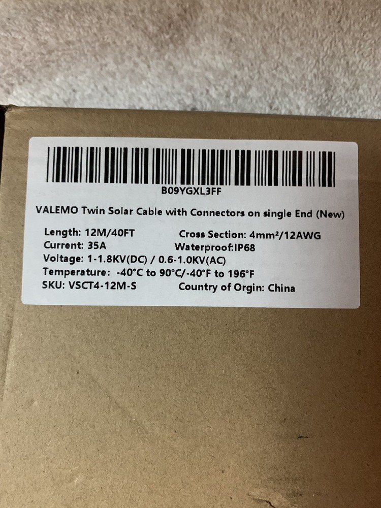 Valemo Solar Cable 40ft 12AWG Twin Wire Extension, Copper Strand(READ)