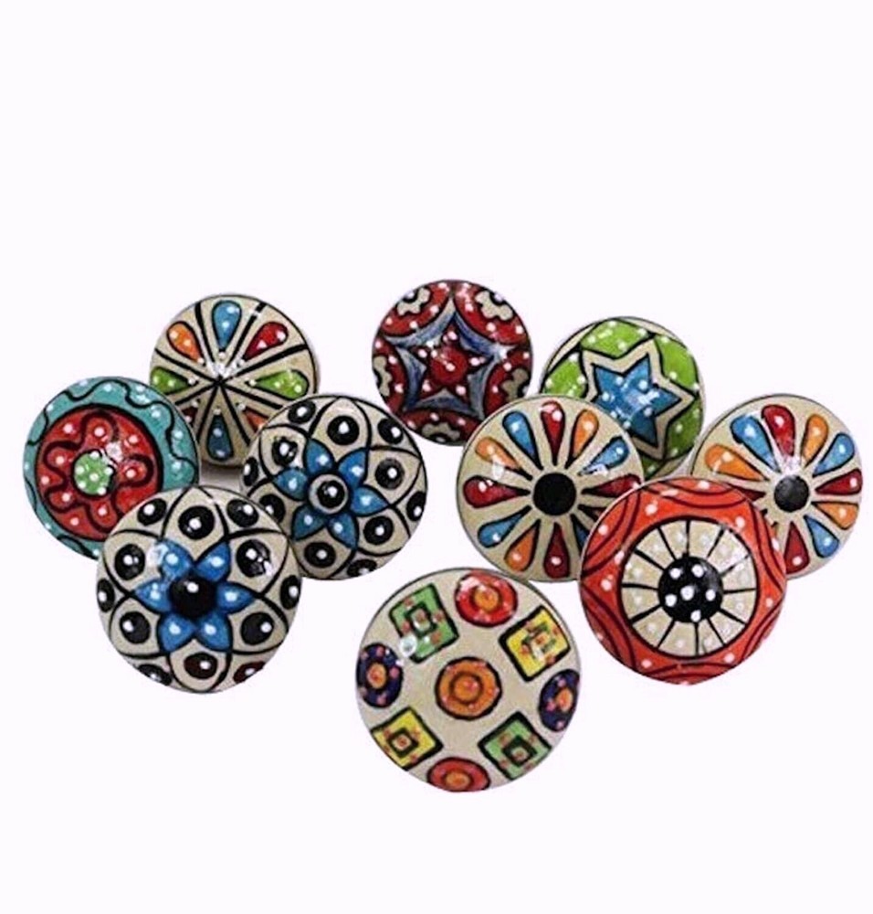 Indian Set 10 pc Multi Color Ceramic Door Pulls Set of Handmade Cabinet knobs