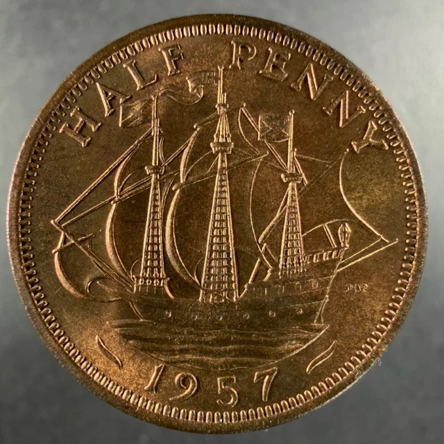 1957 Great Britain Half Penny Ship Reverse Sharp Features