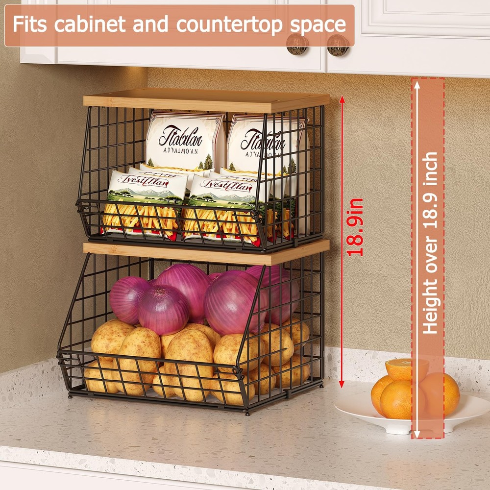 2PCS Stackable Wire Basket Organizer with Wood Top Kitchen Storage Fruit Bread