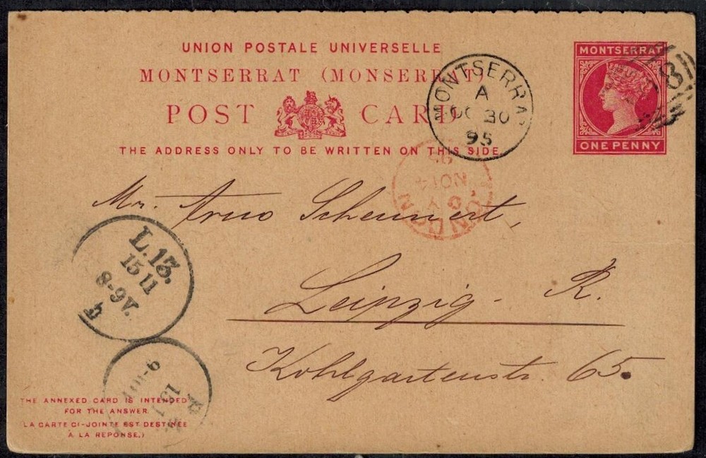 Montserrat 1895 1d Red Reply Postcard w/Reply Still Attached