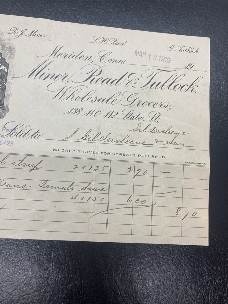 1919 Miner, Read & Tullock Wholesale Grocers Letterhead