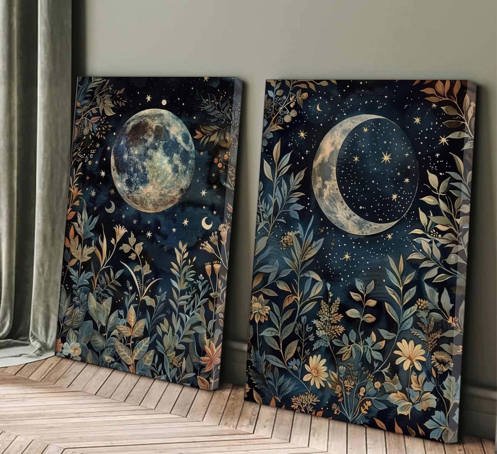 2 Pcs Vintage Celestial Canvas Wall Art Sun and Moon Celestial Botanical Ecli...
