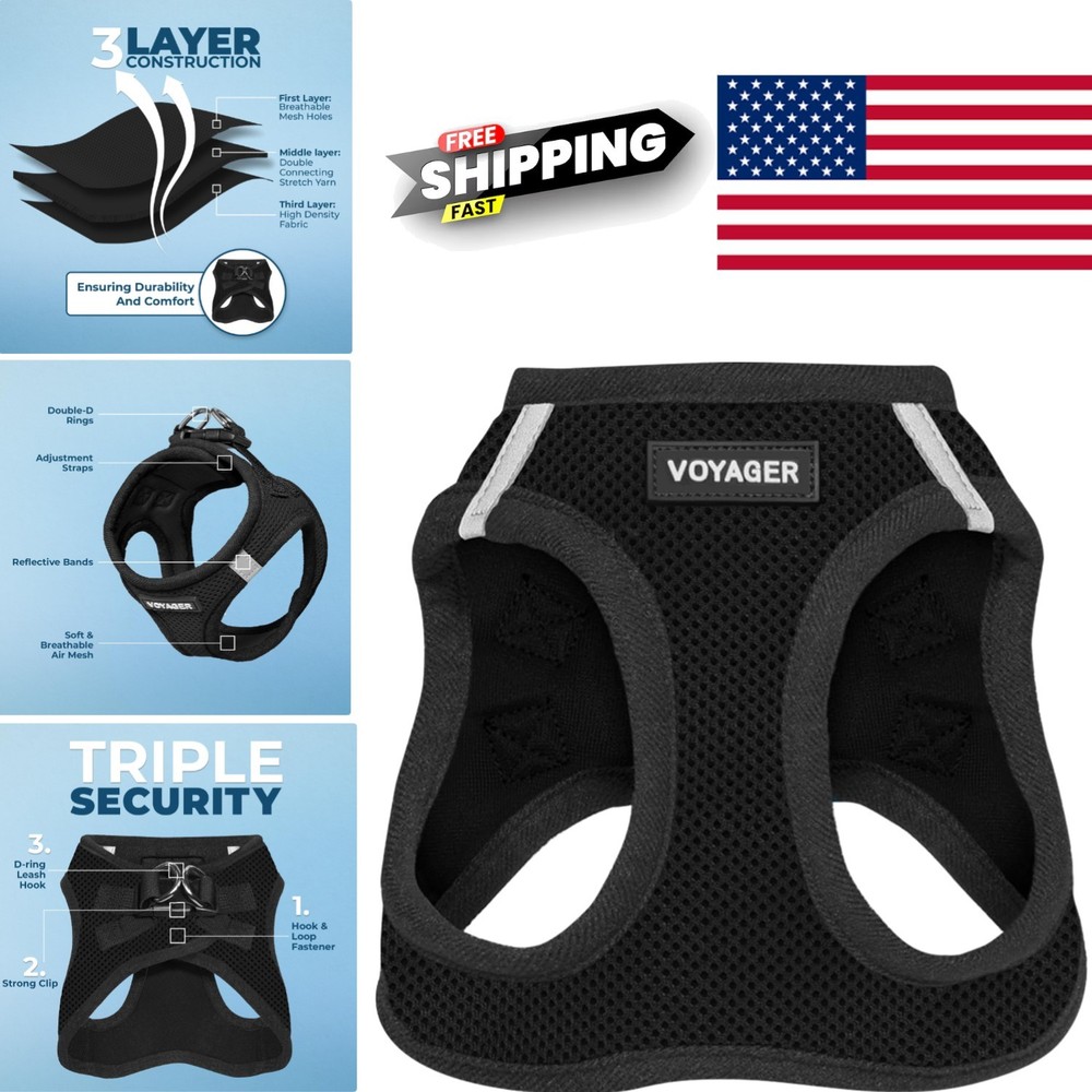 Comfortable Mesh Pet Harness Medium Size Black Trim with Reflective Bands