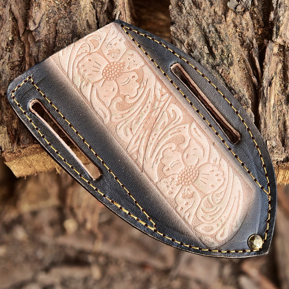 Custom Made LEATHER ENGRAVED PANCAKE Fixed Blade Knife Sheath Folding Knife