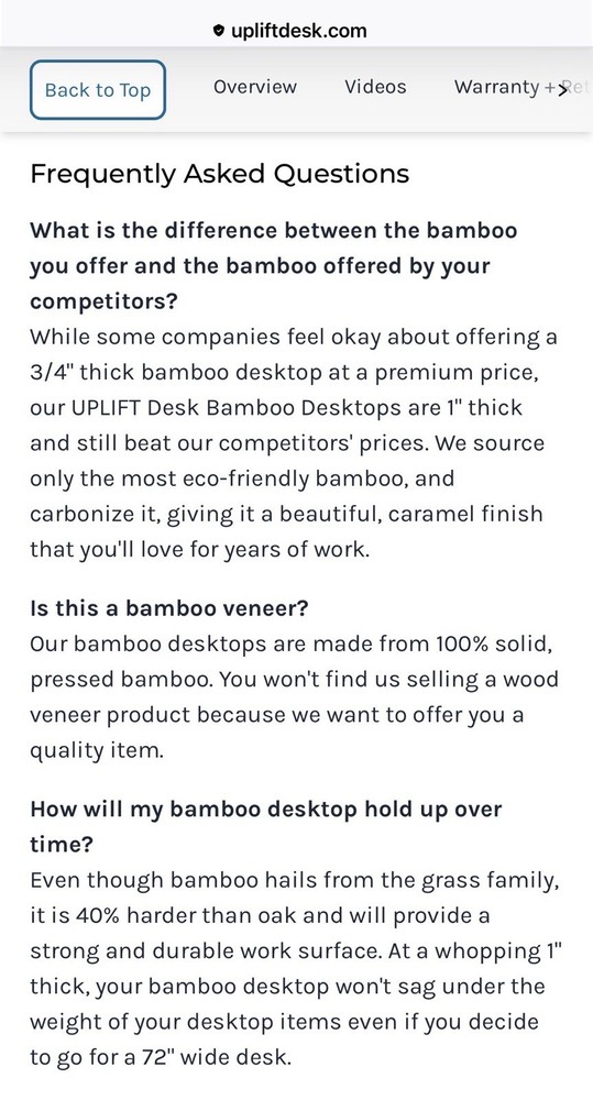 Uplift Desk Bamboo Desktop 48"x30" Rectangular With Grommets 1” Thick