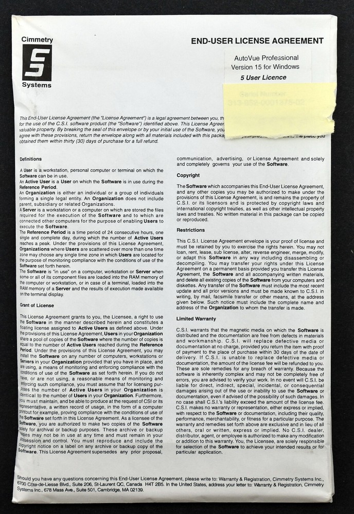VINTAGE - Cimmetry Systems Autovue Professional Version 15 - 5 User License