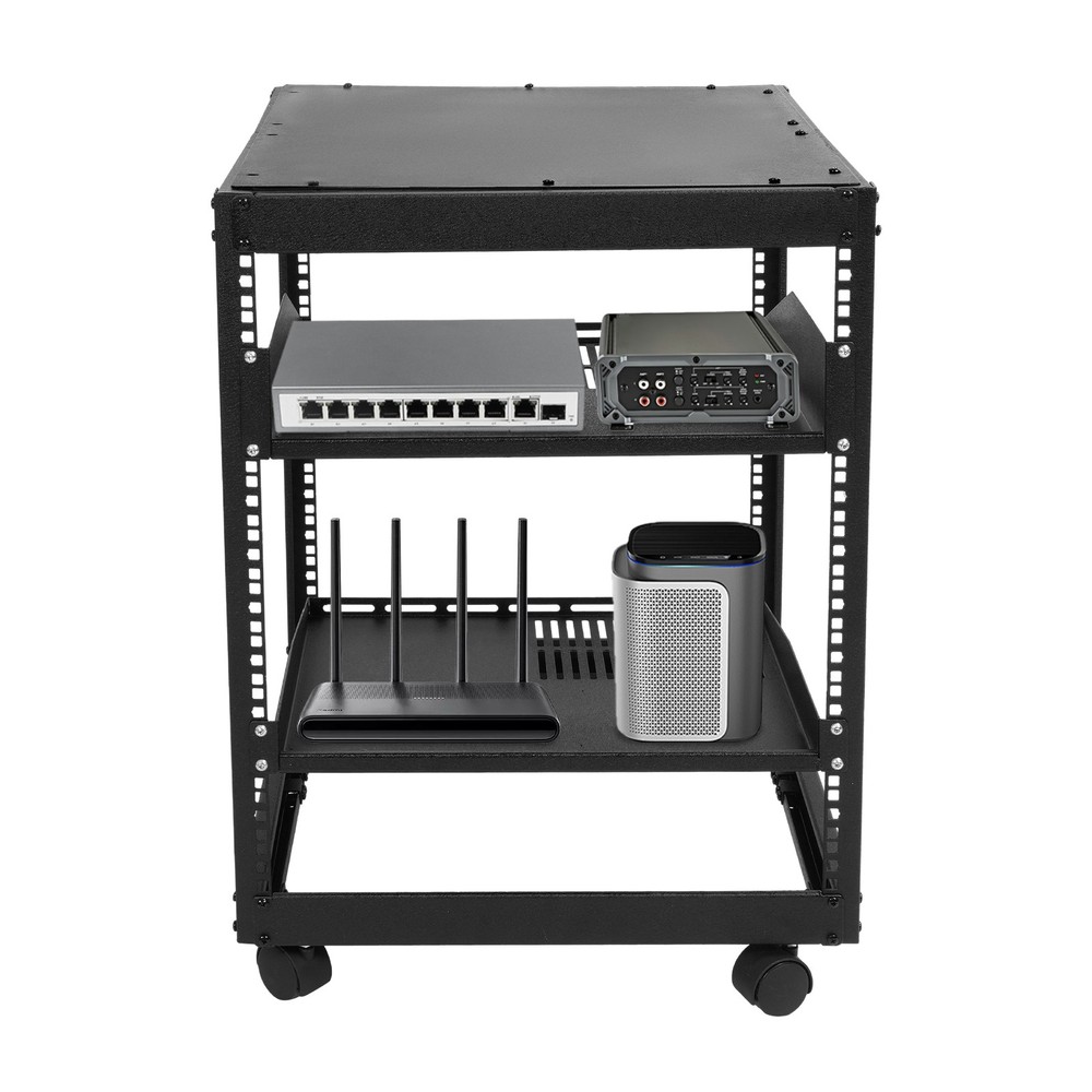 Black 12U Open Frame Network Rack Wall Mounted Server Rack 4 Post with Shelves