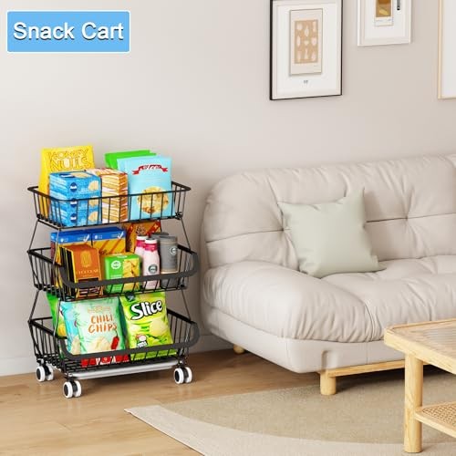 3-Tier Rolling Pantry Floor Organizer, Stackable Pantry 3 Tier Black (1 Pack）