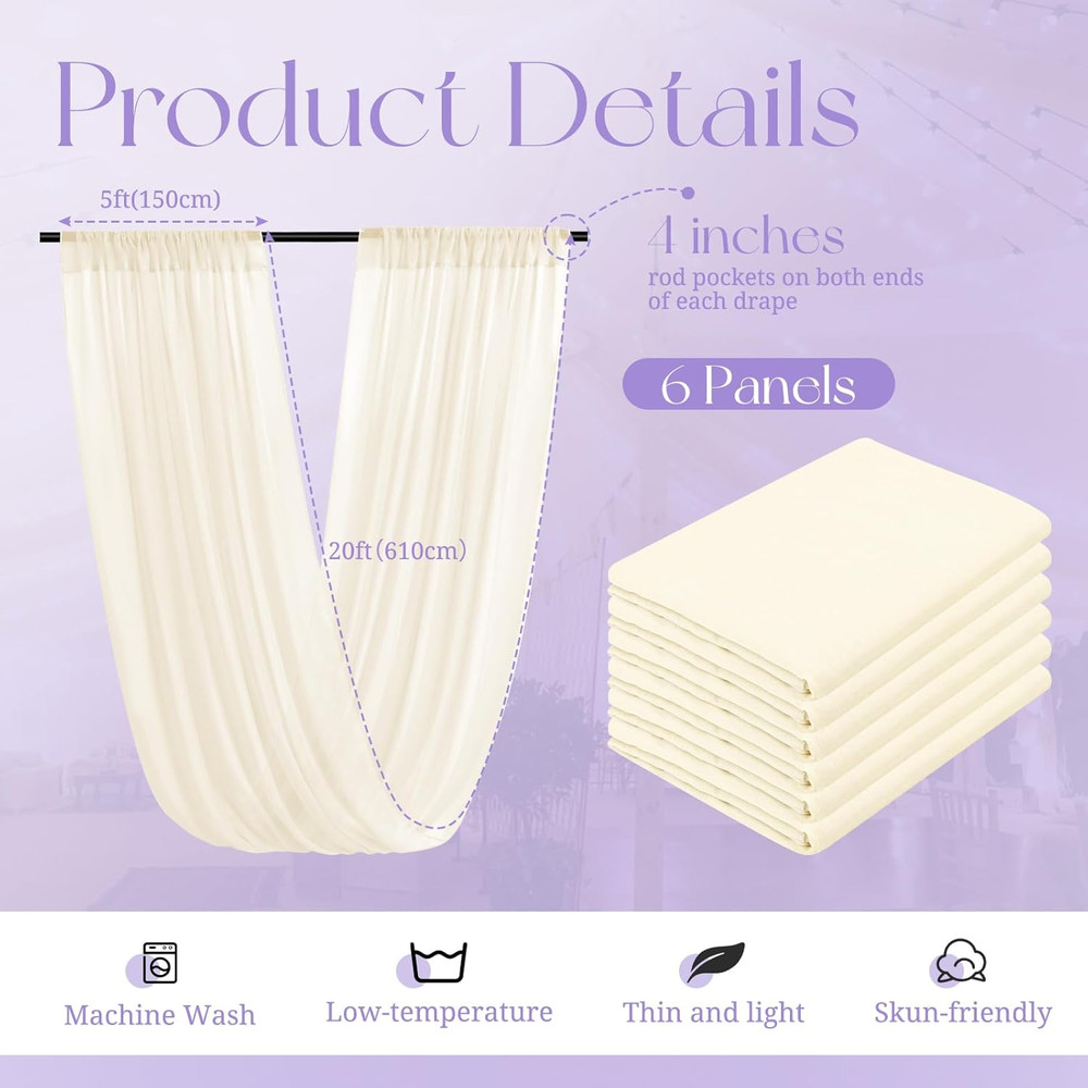 Ivory Ceiling Drapes 5Ft x 20Ft - Sheer Wedding Arch Fabric Decorations