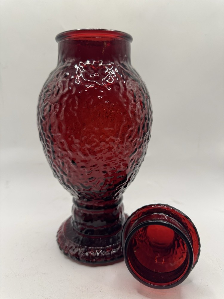 Vintage Ruby Red Eagle Pattern Pressed Glass Lidded Compote Pedestal Candy Jar