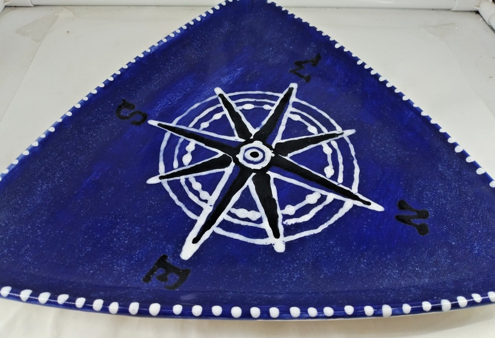 Marina Compass Theme Ceramic 12" Triangle Platter White & Blue B2