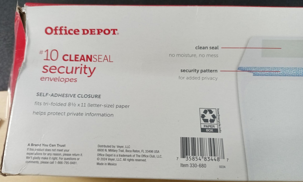 Office Depot #10 Clean-Seal White Security 100 Envelope - Open Box