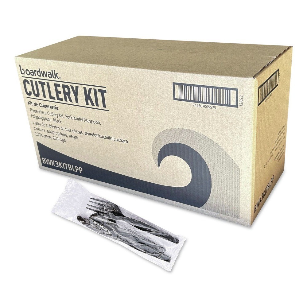 Boardwalk 3KITBLPP 3-Pc Plastic Polypropylene Cutlery Kit - Black (250/CT) New