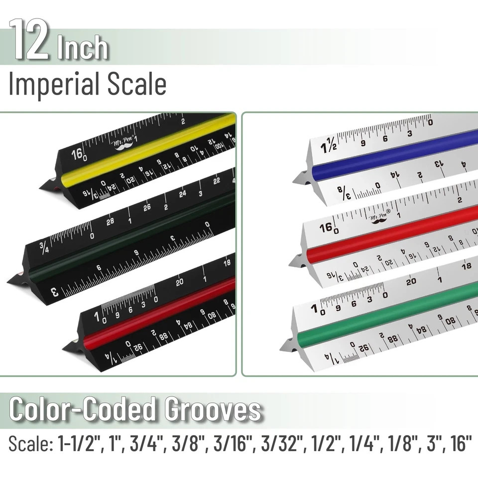 Architectural & Engineering Ruler Set - 12 Inch Drafting Tool, Imperial/Metric