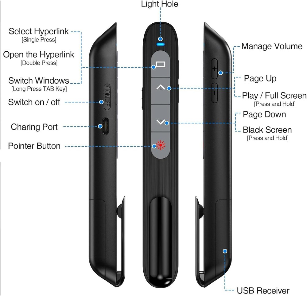 USB C Rechargeable Presentation Remote with Red Light,Wireless Preseter PPT S...