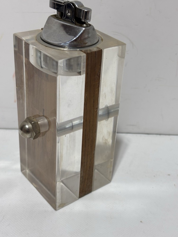 MCM Coaster Ash Tray & Table Lighter Clear Thick Plastic Teak Wood Set