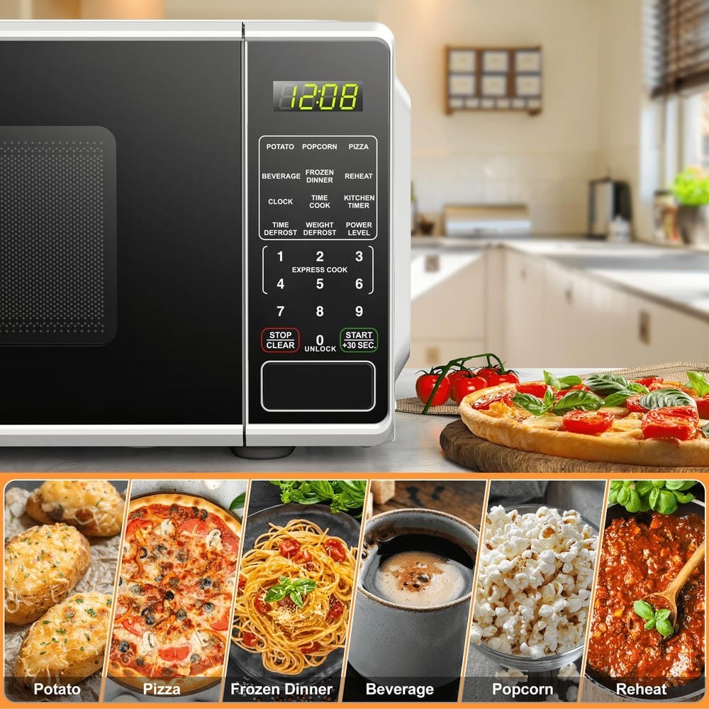Compact 0.7 Cu Ft 700W Microwave Oven, LED Display, White