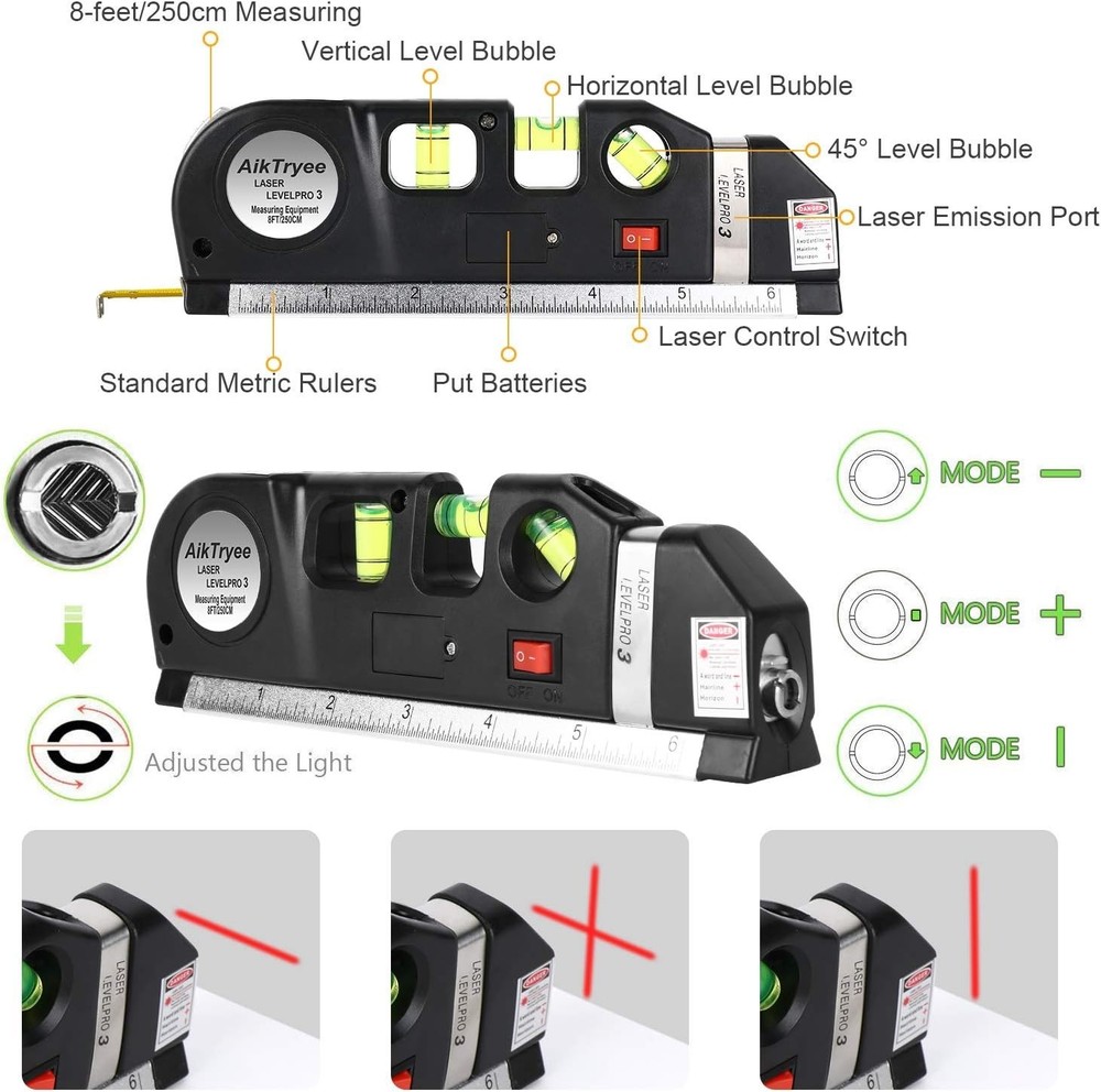Precision Cross Line Laser Level Tool with 8ft Measuring Tape for DIY Projects