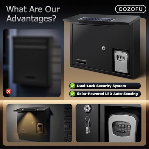 Solar-Powered Locking Mailbox - Anti-Theft Wall-Mounted Design with Brown