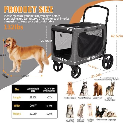 Extra Large Dog Stroller for Large & Medium Dogs, Adjustable Without tray Grey