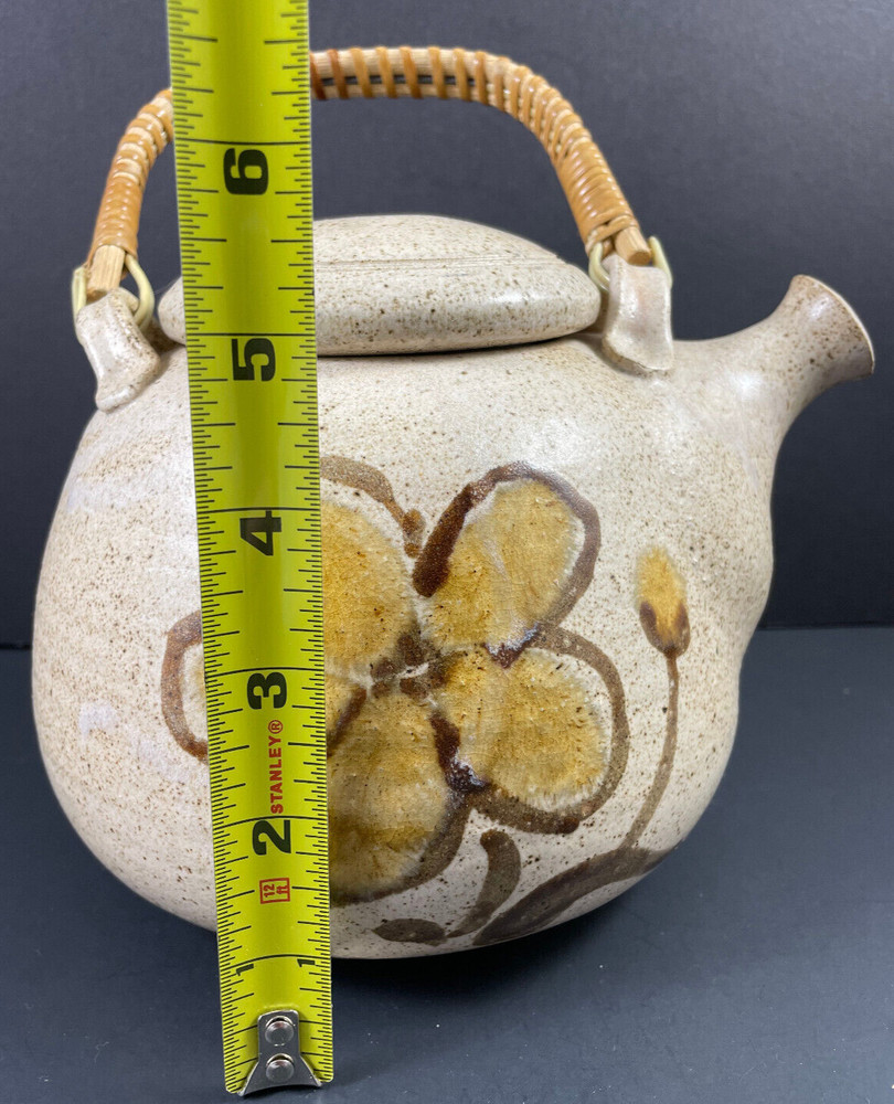 Floral Teapot w/ Bamboo Handle Studio Pottery Tan Brown Signed Rustic Handmade