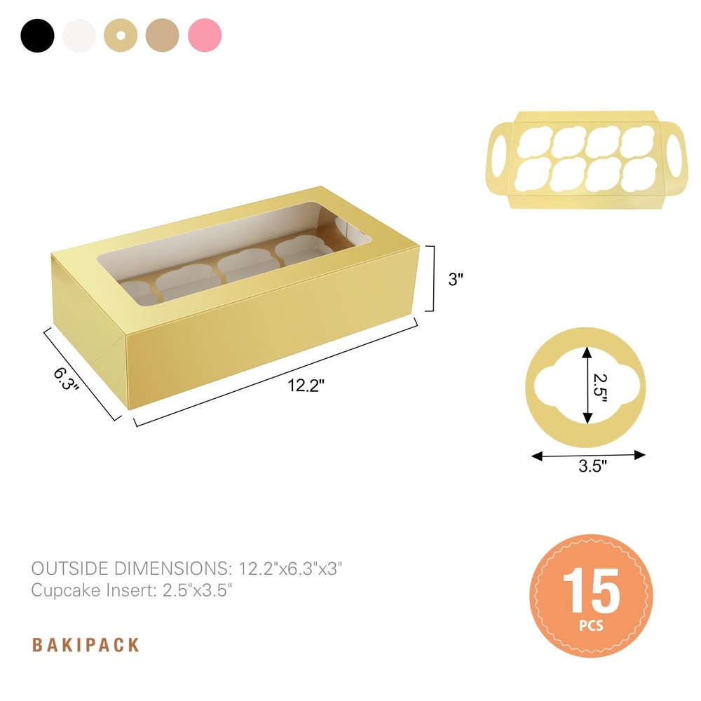 15 Gold Cupcake Boxes 8 Count with Window and Inserts Cupcake Containers Moth...