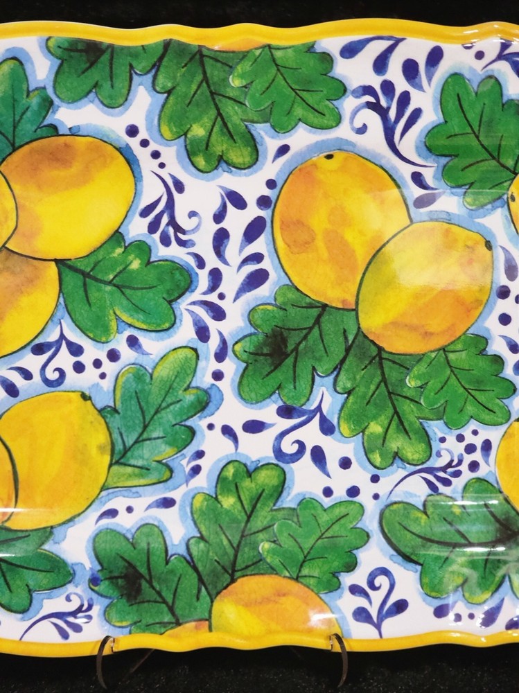 Lemons on Branches Melamine 17" Serving Platter Easter Spring Mediterranean Blue