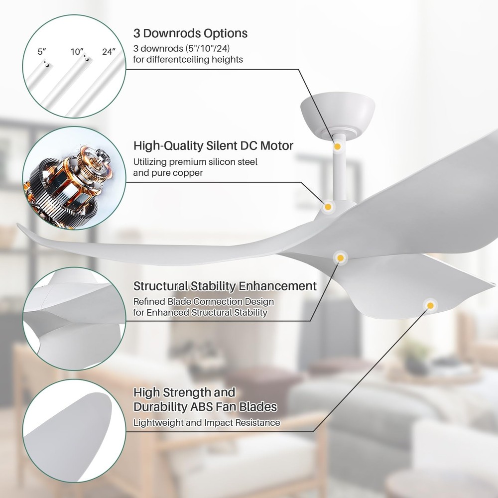 CACI Mall 52" White Ceiling Fan No Light, Modern, Remote Control, Low Profile...