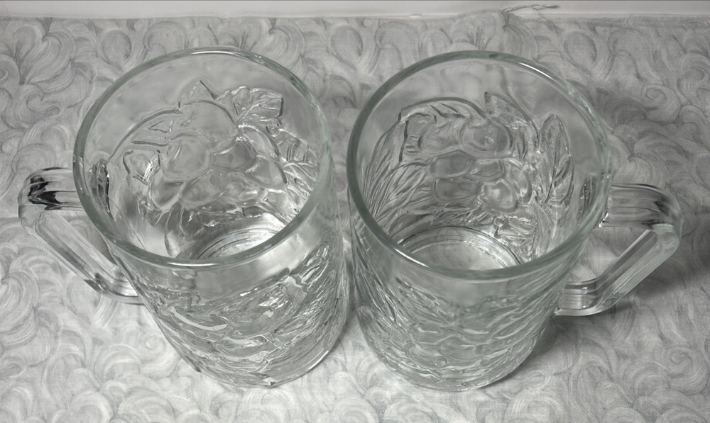 2 KIG Indonesia Clear Glass Grape & Leaf Pattern Cups Mugs 4"