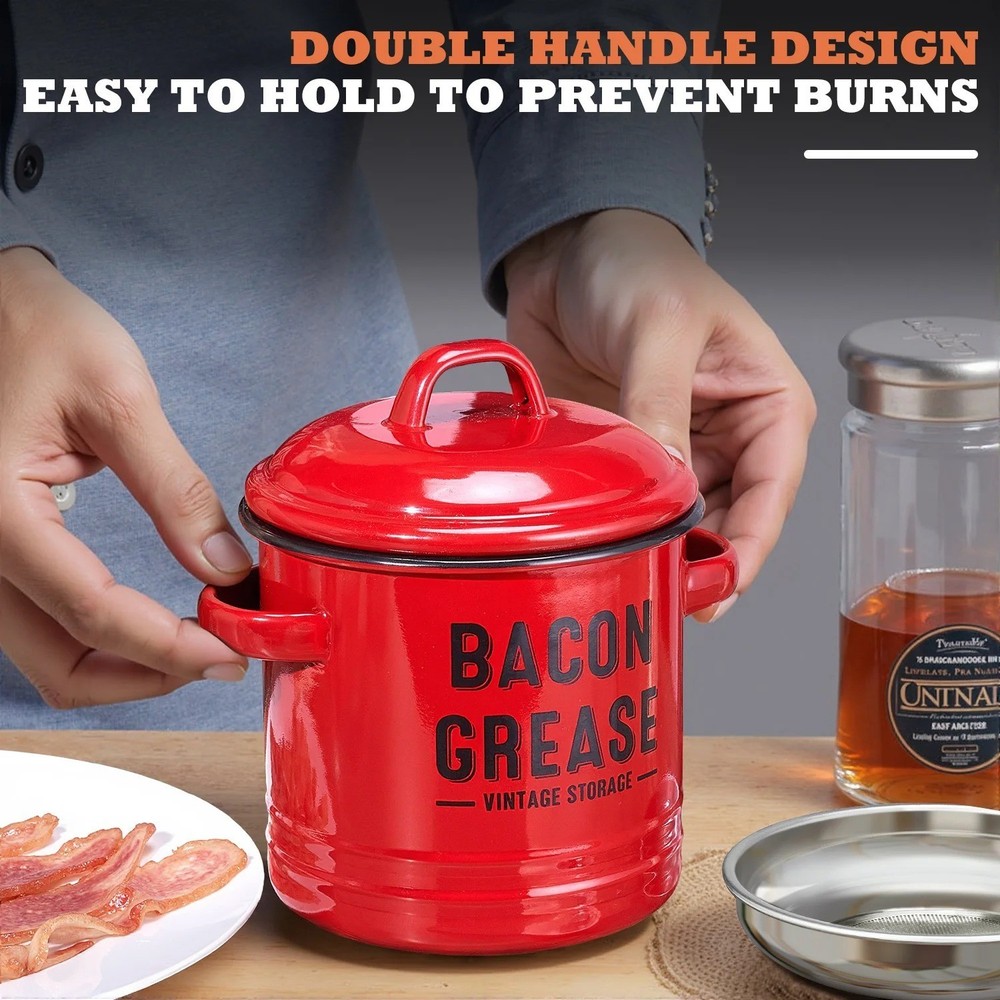Bacon Grease Container with Strainer - Large 46OZ Red Kitchen Oil Storage Can...