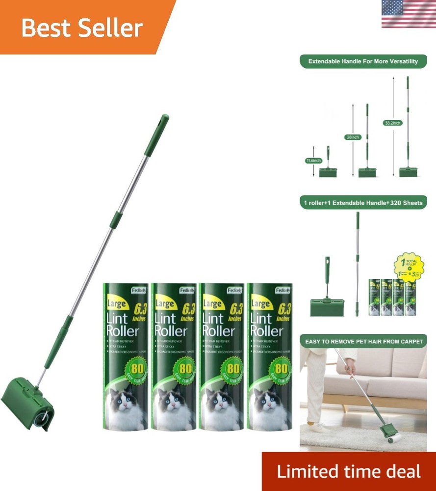 Portable Extra Sticky Lint Roller with 6.3'' Wide Surface & Long  Handle