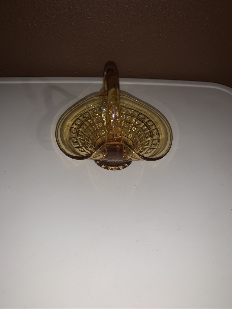 Basket Amber Pressed Depression Glass Square & Dot Pattern 5.5"