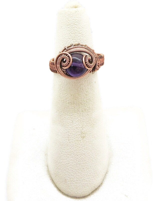 Adjustable Amethyst Wire-Wrapped Ring in Copper