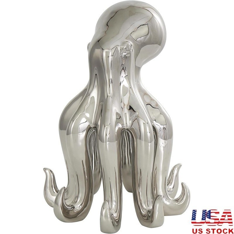 Silver Ceramic Octopus Decorative Statue Coastal Home Accent Unique Sculpture US