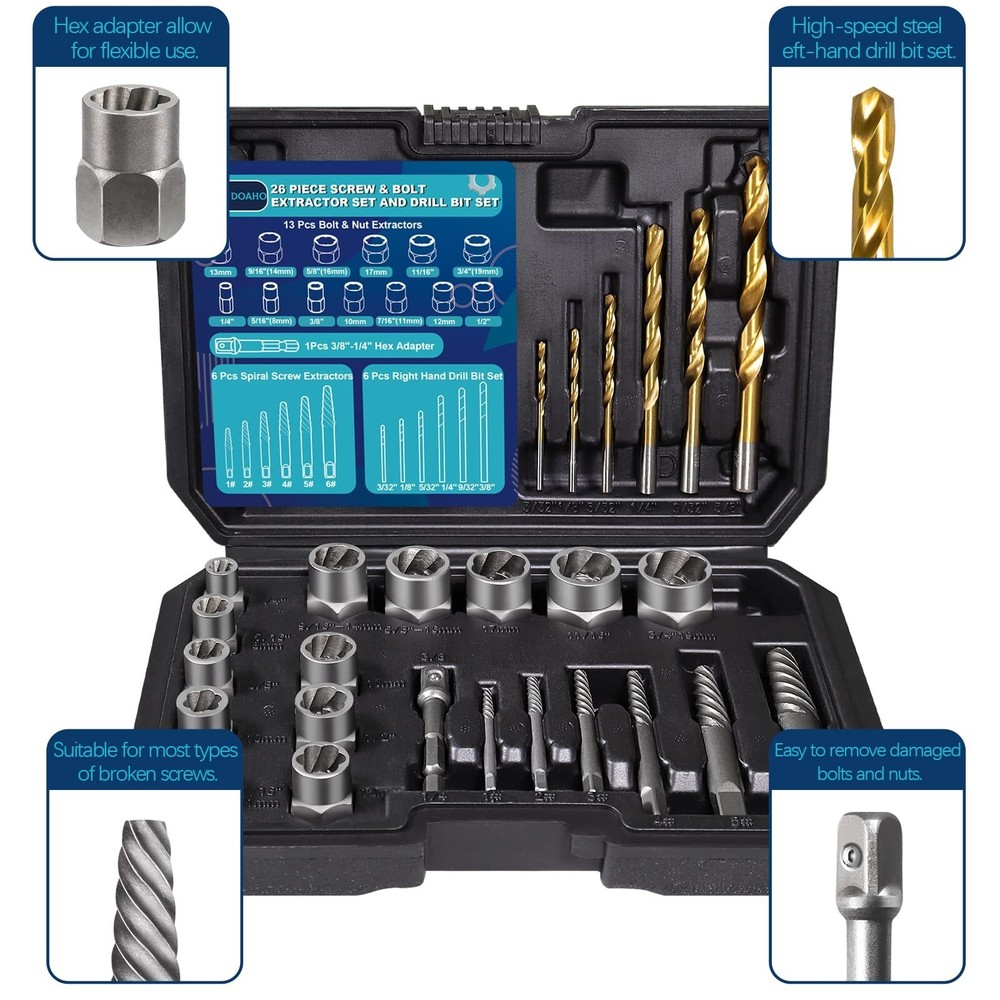 26 Piece Impact Bolt and Spiral Screw Extractor Set with Left Hand Reverse Dr...