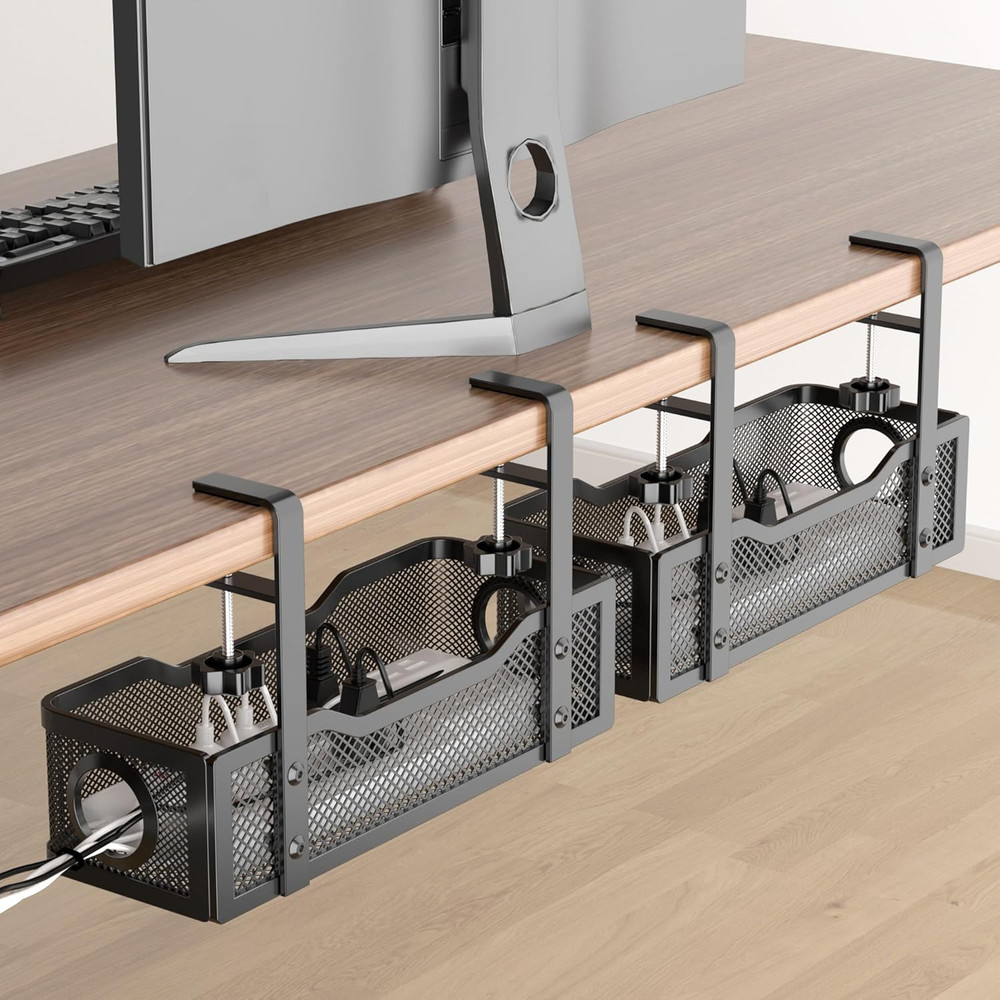 2-Pack Cable Management Tray Under Desk Wire Organizer - Black Set